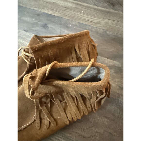 Moccasins Handmade Kids Youth Size 1.5 Fringe Leather Bootie Brown - Picture 2 of 5